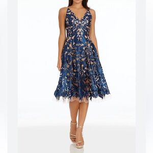 blair embellished fit & flare dress dress the population Dress The Population Blair Lace Midi Dress - NAVY/NUDE main image 1